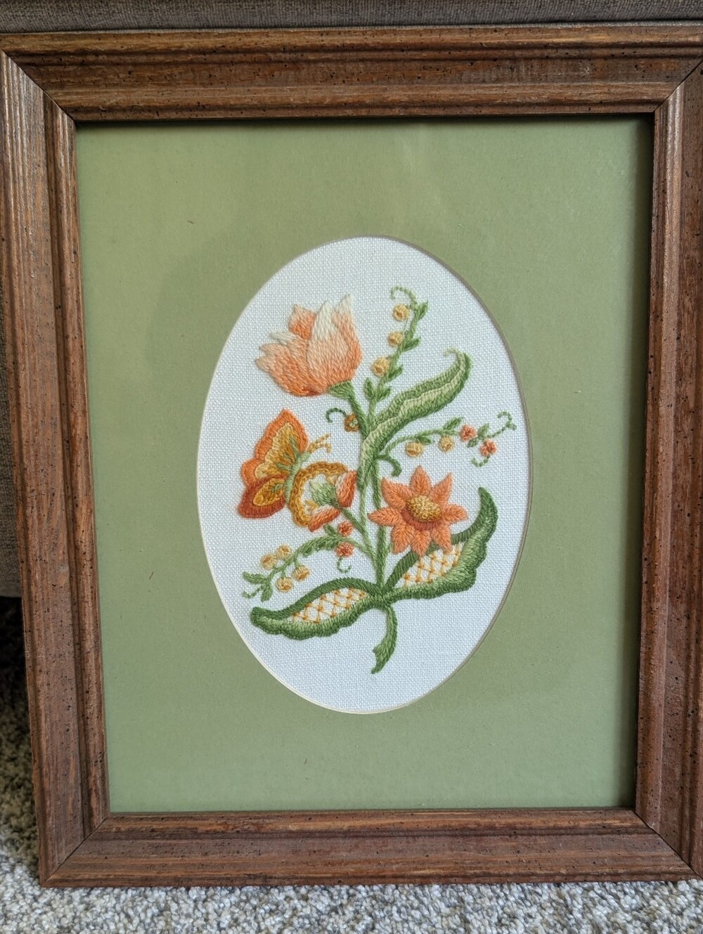Vintage 1970s Floral Needlepoint Crewel Embroidery Butterfly Framed Wall Art MCM